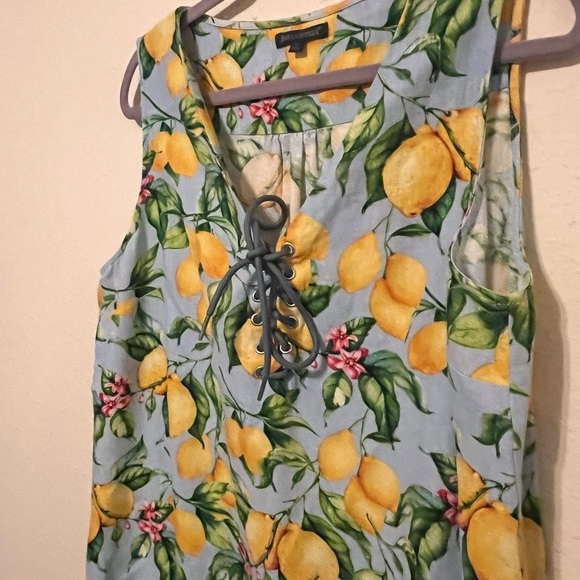 Linen Viscose For Cynthia Lemon Hibiscus Floral Sleeveless Knee Length Dress - Picture 2 of 7